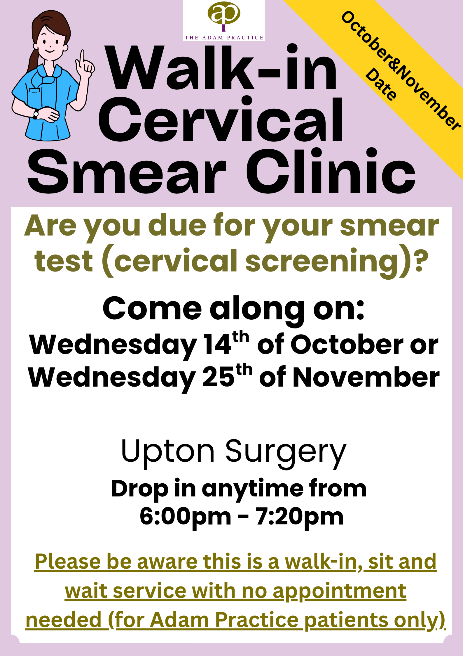 Walk-In Smear Clinics - October & November dates